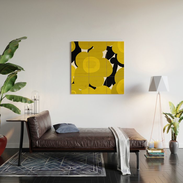 Large Dijon Mustard Yellow Retro Flowers on Dark Branches White Background #decor #society6 #buyart Wood Wall Art Gallery Image 2
