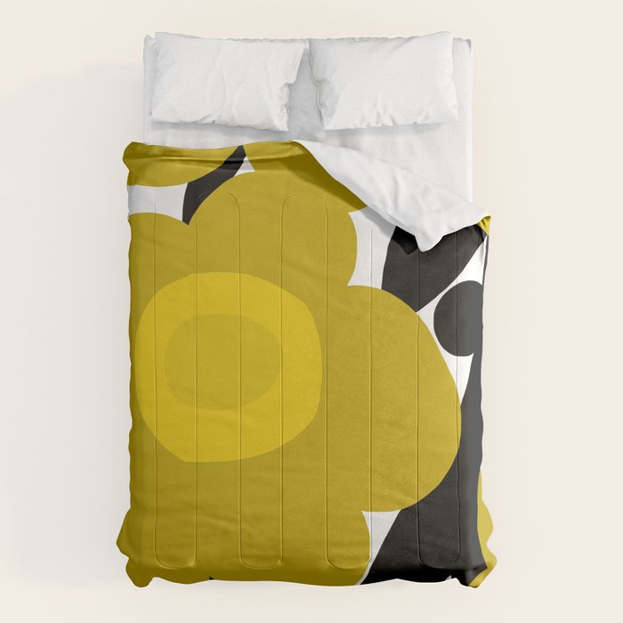 Large Dijon Mustard Yellow Retro Flowers on Dark Branches White Background #decor #society6 #buyart Comforter Gallery Image 6