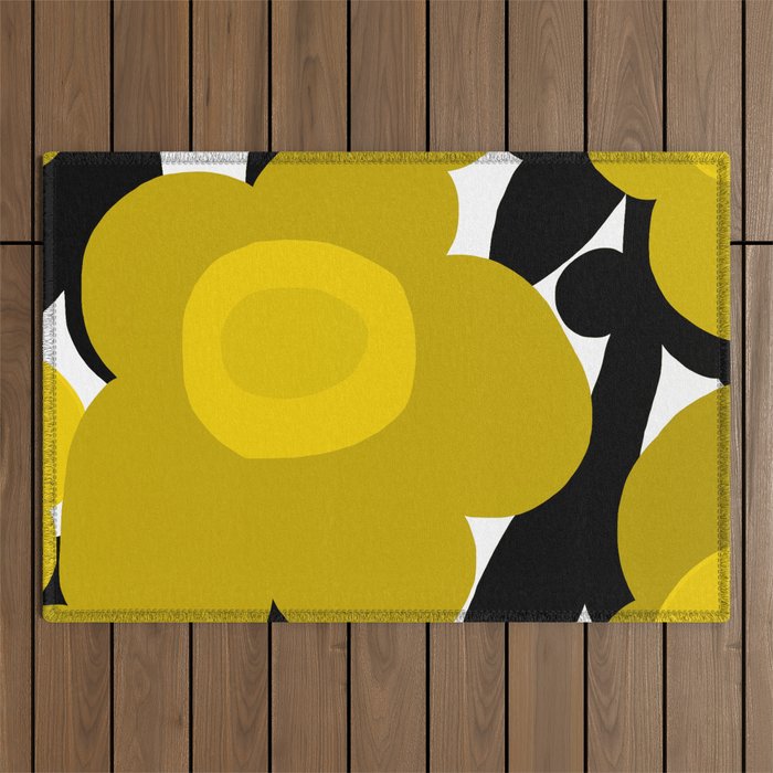 Large Dijon Mustard Yellow Retro Flowers on Dark Branches White Background #decor #society6 #buyart Outdoor Rug Gallery Image 1