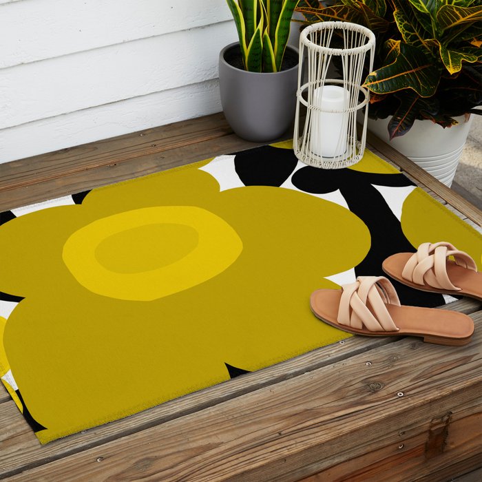 Large Dijon Mustard Yellow Retro Flowers on Dark Branches White Background #decor #society6 #buyart Outdoor Rug Gallery Image 2