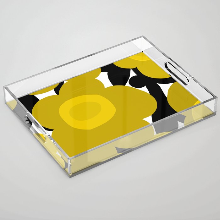 Large Dijon Mustard Yellow Retro Flowers on Dark Branches White Background #decor #society6 #buyart Acrylic Tray Gallery Image 1