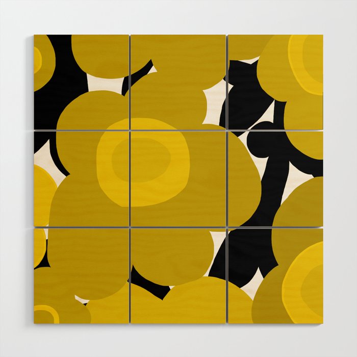 Large Dijon Mustard Yellow Retro Flowers on Dark Branches White Background #decor #society6 #buyart Wood Wall Art Gallery Image 1