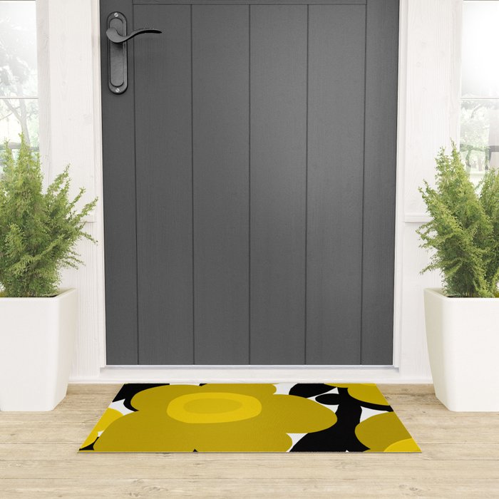 Large Dijon Mustard Yellow Retro Flowers on Dark Branches White Background #decor #society6 #buyart Welcome Mat Gallery Image 3