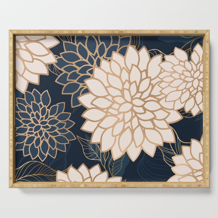 Floral Aesthetic in Navy, Blue, Ivory and Gold Serving Tray Gallery Image 1
