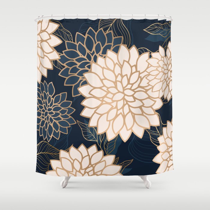 Floral Aesthetic in Navy, Blue, Ivory and Gold Shower Curtain Gallery Image 1