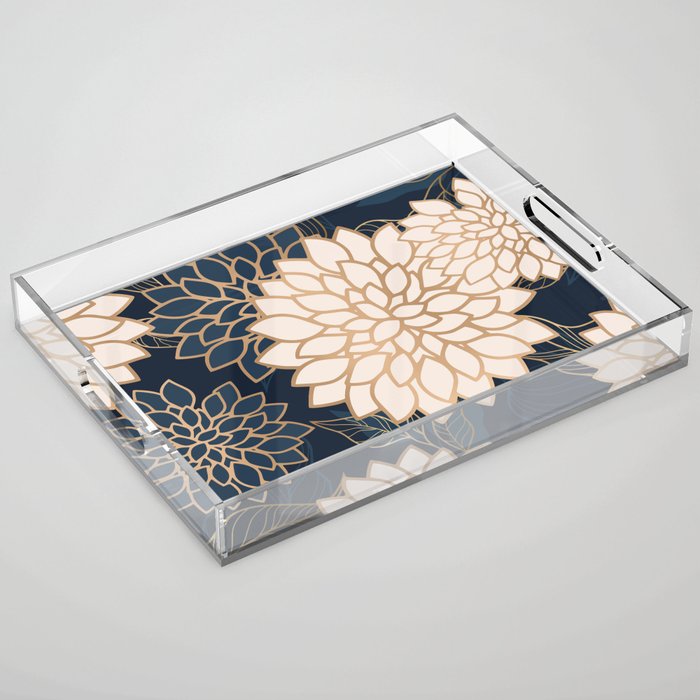 Floral Aesthetic in Navy, Blue, Ivory and Gold Acrylic Tray Gallery Image 1
