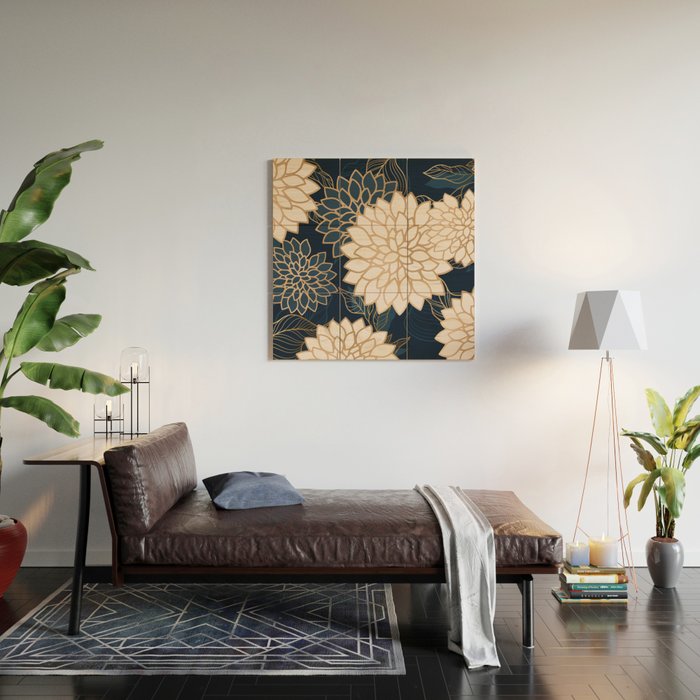 Floral Aesthetic in Navy, Blue, Ivory and Gold Wood Wall Art Gallery Image 2