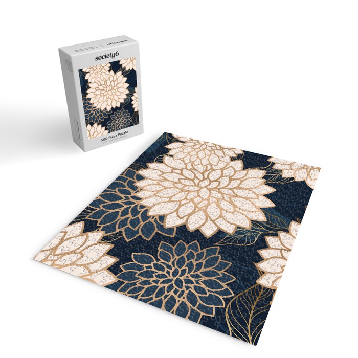 Floral Aesthetic in Navy, Blue, Ivory and Gold Jigsaw Puzzle Gallery Image 2