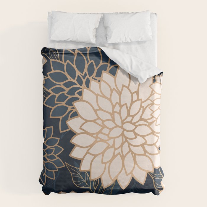 Floral Aesthetic in Navy, Blue, Ivory and Gold Duvet Cover Gallery Image 6