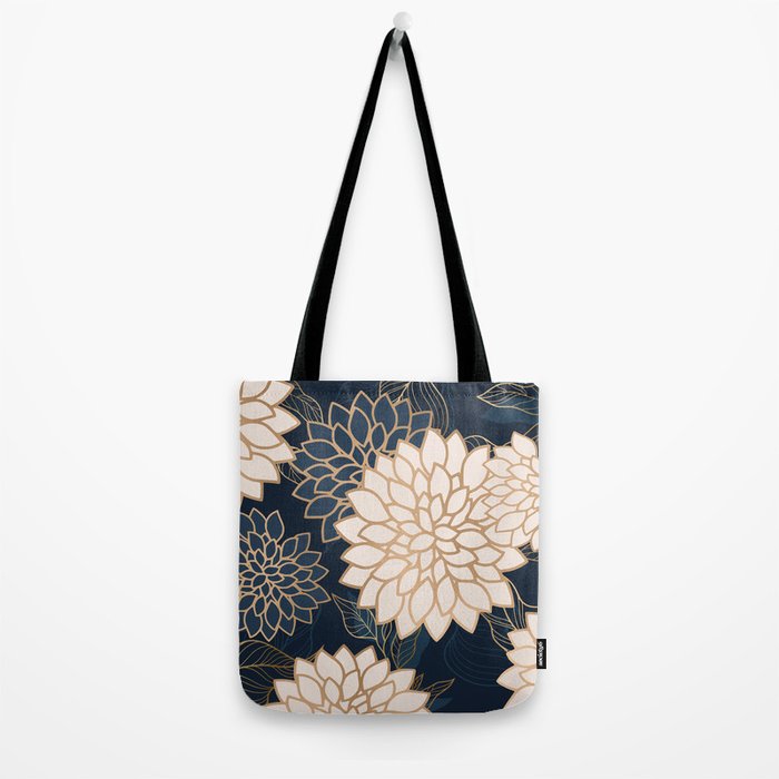 Floral Aesthetic in Navy, Blue, Ivory and Gold Tote Bag Gallery Image 2