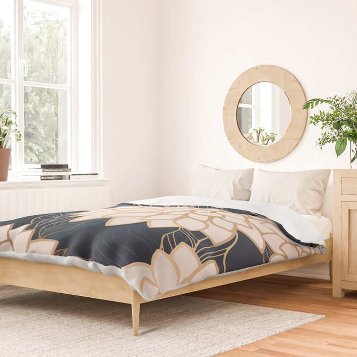 Floral Aesthetic in Navy, Blue, Ivory and Gold Duvet Cover Gallery Image 2