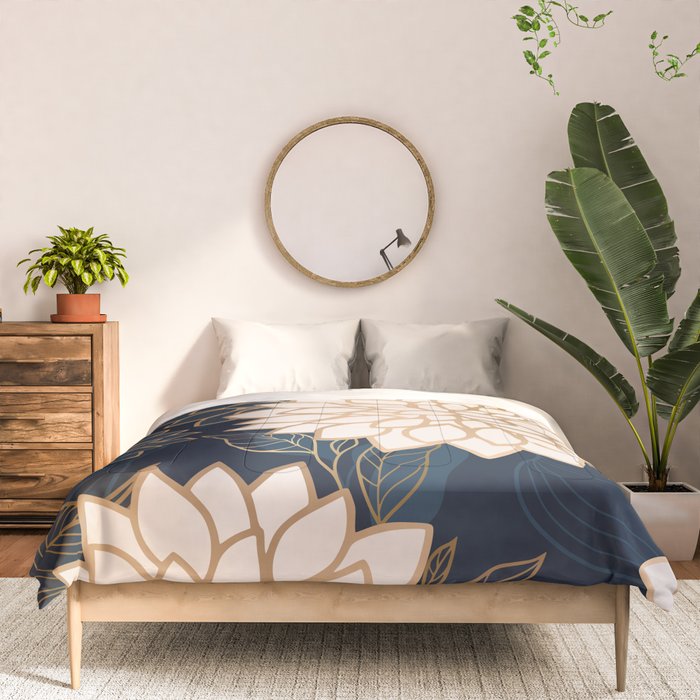 Floral Aesthetic in Navy, Blue, Ivory and Gold Comforter Gallery Image 3