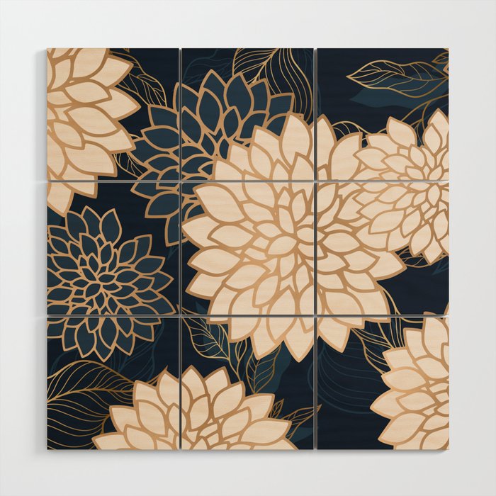 Floral Aesthetic in Navy, Blue, Ivory and Gold Wood Wall Art Gallery Image 1