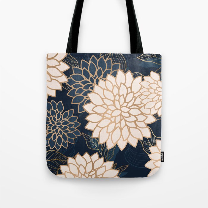 Floral Aesthetic in Navy, Blue, Ivory and Gold Tote Bag Gallery Image 1