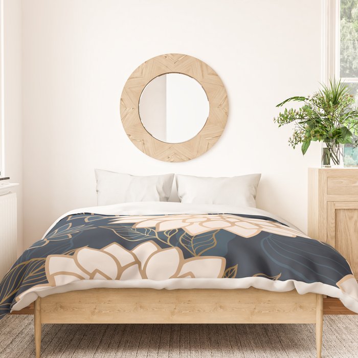 Floral Aesthetic in Navy, Blue, Ivory and Gold Duvet Cover Gallery Image 3