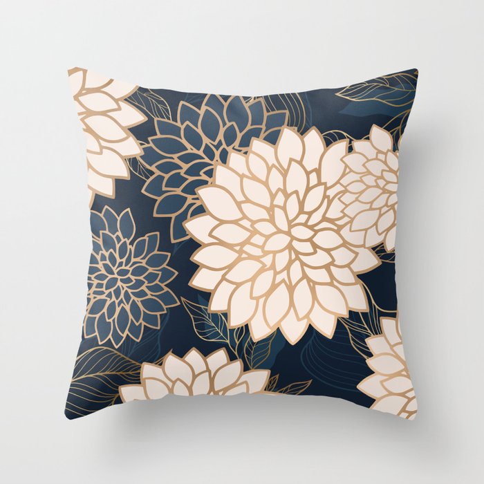 Floral Aesthetic in Navy, Blue, Ivory and Gold Throw Pillow Gallery Image 6