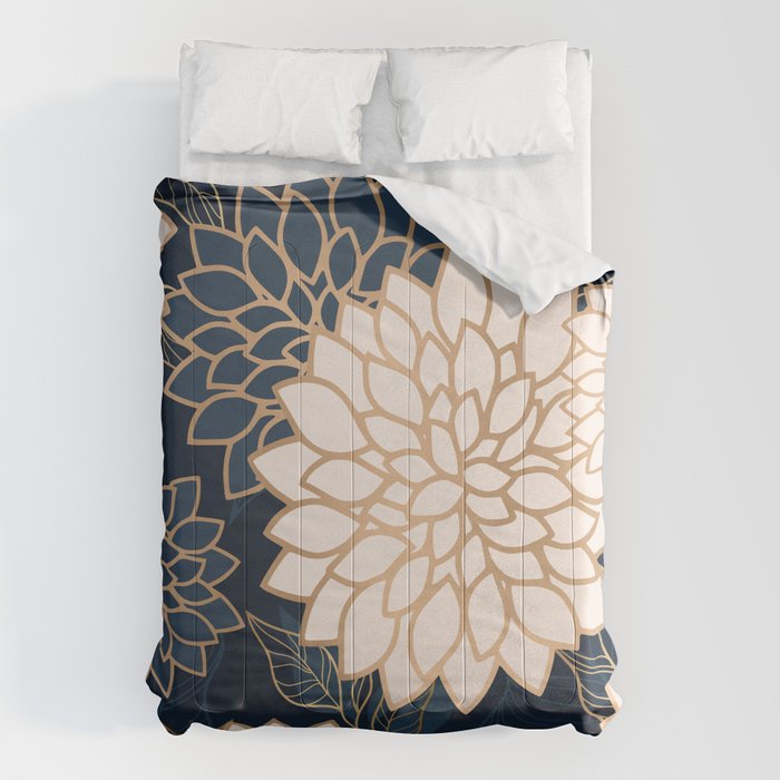 Floral Aesthetic in Navy, Blue, Ivory and Gold Comforter Gallery Image 6