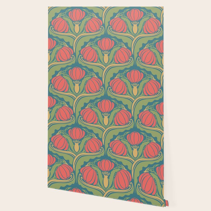 Art Nouveau Pattern 2 Red Sage Green Yellow Ochre On Blue Wallpaper Gallery Image 2