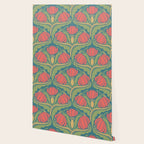 Art Nouveau Pattern 2 Red Sage Green Yellow Ochre On Blue Wallpaper Gallery Image 2