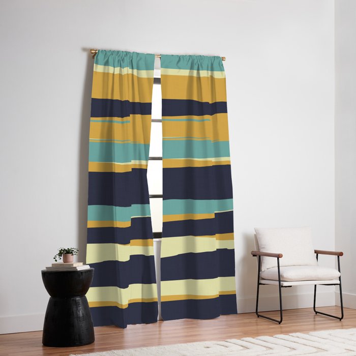 Stripes Abstract, Yellow, Teal, Navy Blue Window Curtain Gallery Image 2
