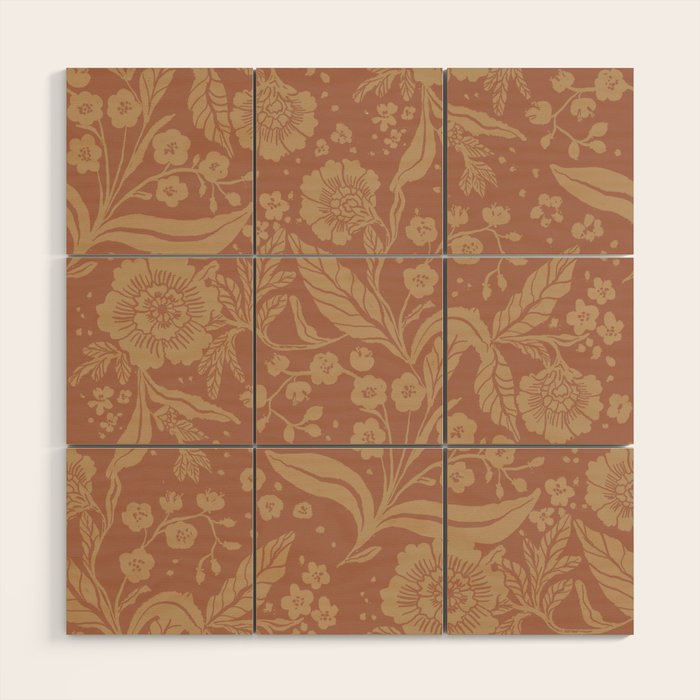 Terracotta and Golden Floral Pattern   Wood Wall Art Gallery Image 1