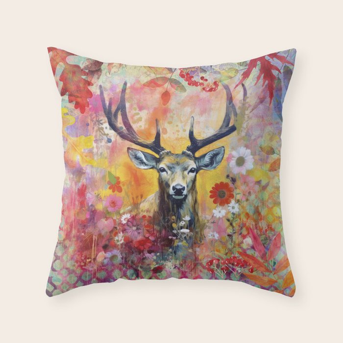 Colorful Wild Deer Indian Summer  Woodland Flora And Wildlife Throw Pillow Gallery Image 1