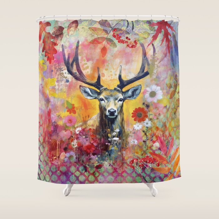 Colorful Wild Deer Indian Summer  Woodland Flora And Wildlife Shower Curtain Gallery Image 1