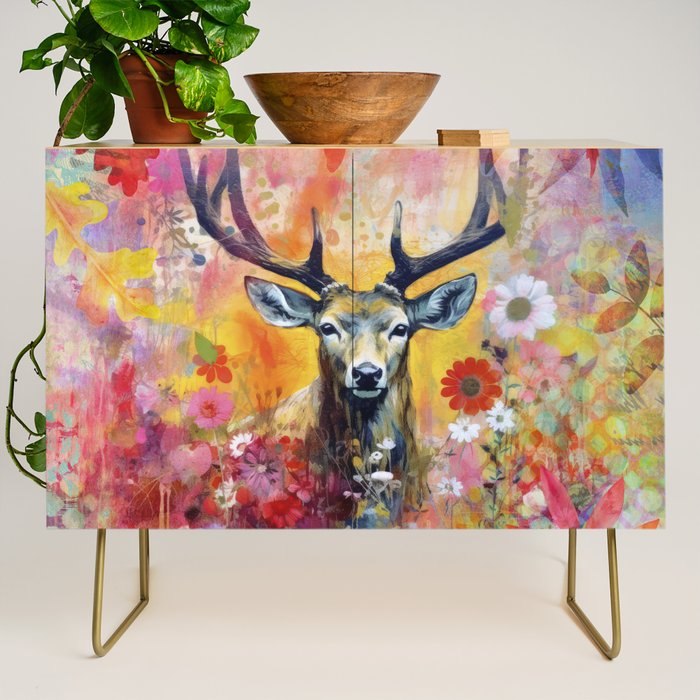 Colorful Wild Deer Indian Summer  Woodland Flora And Wildlife Credenza Gallery Image 1