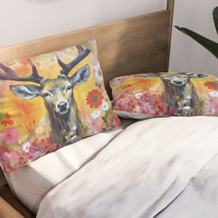 Colorful Wild Deer Indian Summer  Woodland Flora And Wildlife Pillow Sham Gallery Image 2