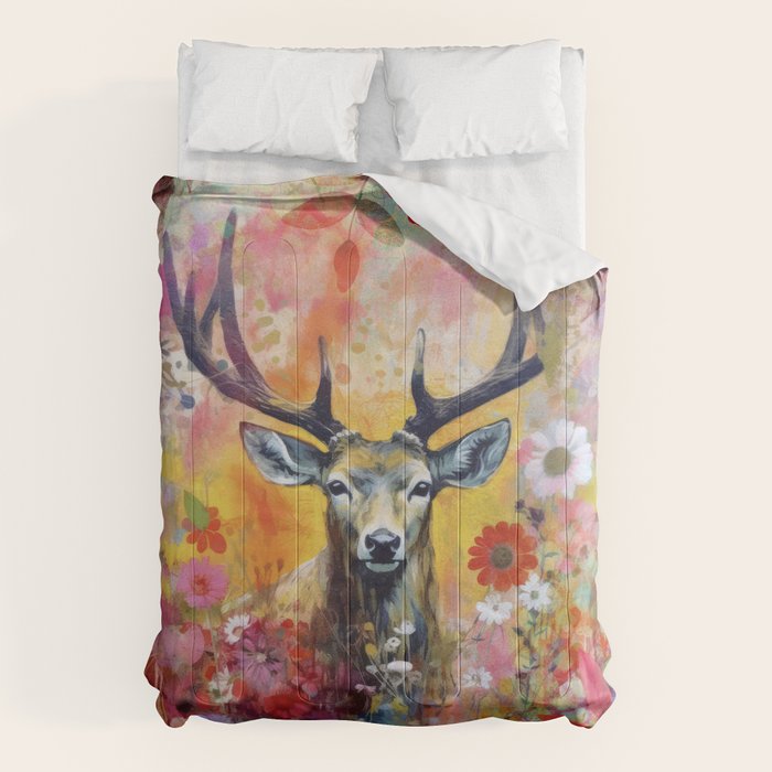 Colorful Wild Deer Indian Summer  Woodland Flora And Wildlife Comforter Gallery Image 6