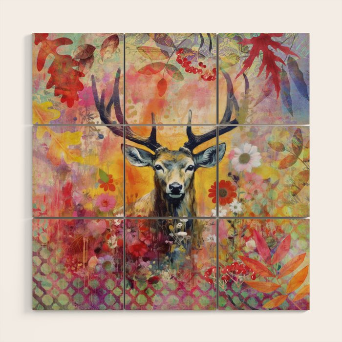 Colorful Wild Deer Indian Summer  Woodland Flora And Wildlife Wood Wall Art Gallery Image 1