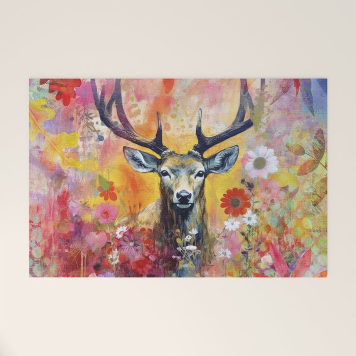 Colorful Wild Deer Indian Summer  Woodland Flora And Wildlife Welcome Mat Gallery Image 1