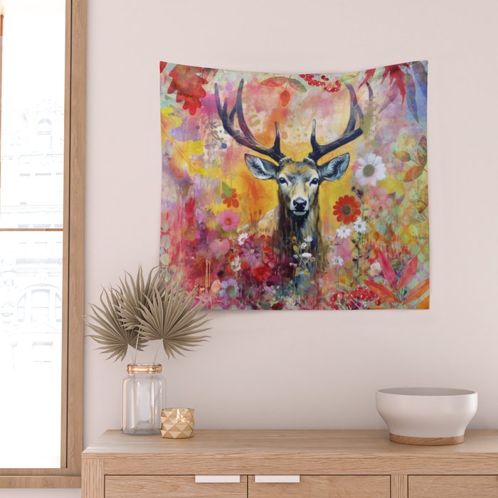 Colorful Wild Deer Indian Summer  Woodland Flora And Wildlife Wall Tapestry Gallery Image 2