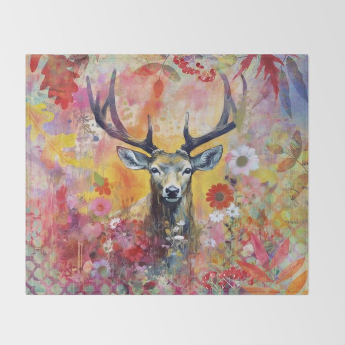 Colorful Wild Deer Indian Summer  Woodland Flora And Wildlife Throw Blanket Gallery Image 2