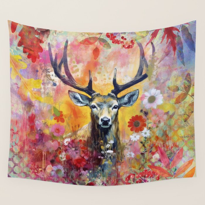 Colorful Wild Deer Indian Summer  Woodland Flora And Wildlife Wall Tapestry Gallery Image 4