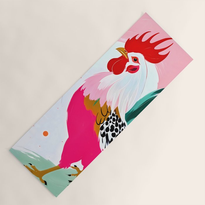 Rooster, Eclectic Maximalist Bohemian Painting, Farm Animals Chicken Poultry Pets, Charm Attitude Gift Colorful Pastel, Contemporary Modern Boho Illustration Yoga Mat Gallery Image 1