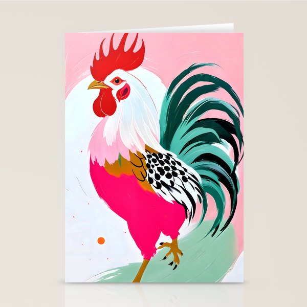 Rooster, Eclectic Maximalist Bohemian Painting, Farm Animals Chicken Poultry Pets, Charm Attitude Gift Colorful Pastel, Contemporary Modern Boho Illustration Stationery Card Gallery Image 2