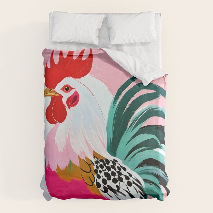Rooster, Eclectic Maximalist Bohemian Painting, Farm Animals Chicken Poultry Pets, Charm Attitude Gift Colorful Pastel, Contemporary Modern Boho Illustration Duvet Cover Gallery Image 6