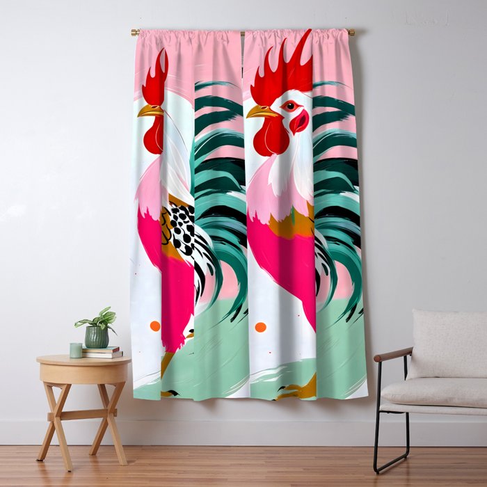 Rooster, Eclectic Maximalist Bohemian Painting, Farm Animals Chicken Poultry Pets, Charm Attitude Gift Colorful Pastel, Contemporary Modern Boho Illustration Window Curtain Gallery Image 5