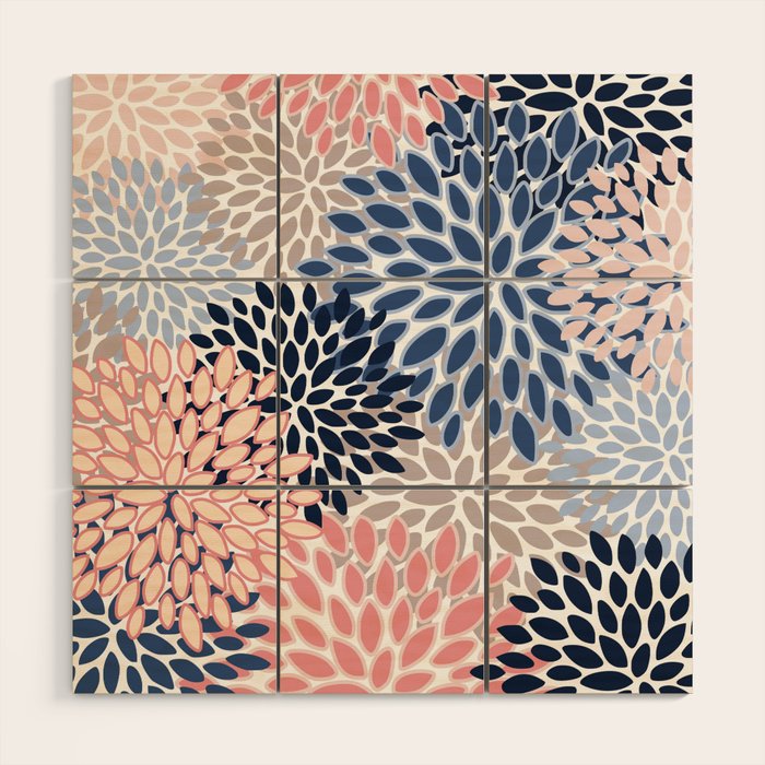 Floral Blooms, Pink, Blue, Gray Wood Wall Art Gallery Image 1
