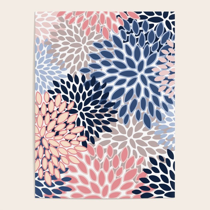 Floral Blooms, Pink, Blue, Gray Poster Gallery Image 1