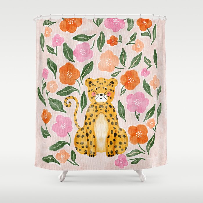 Adorable Floral Cheetah: Charming Watercolor Illustration Shower Curtain Gallery Image 1