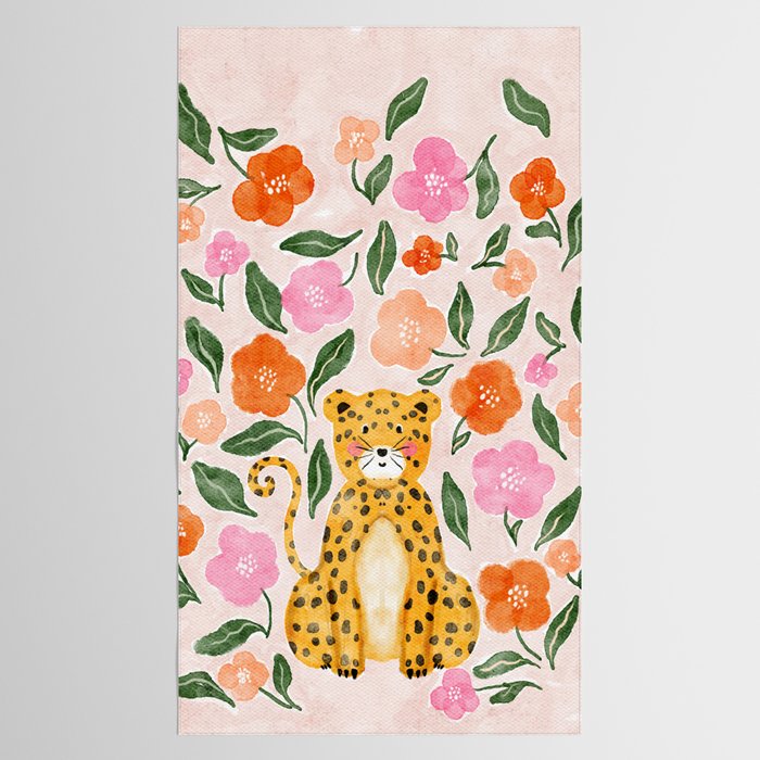Adorable Floral Cheetah: Charming Watercolor Illustration Tablecloth Gallery Image 2