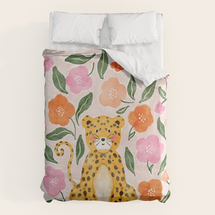 Adorable Floral Cheetah: Charming Watercolor Illustration Duvet Cover Gallery Image 1