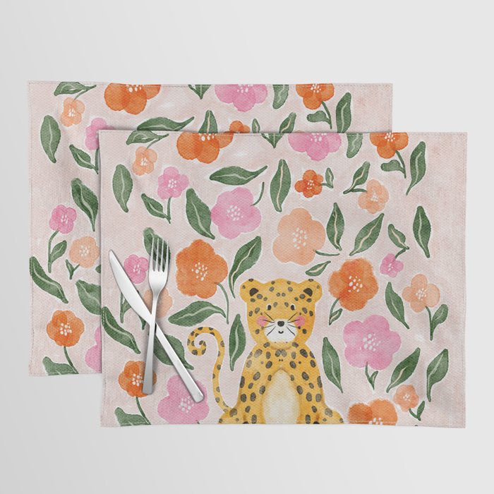 Adorable Floral Cheetah: Charming Watercolor Illustration Placemat Gallery Image 1
