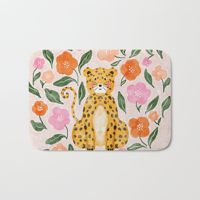 Adorable Floral Cheetah: Charming Watercolor Illustration Bath Mat Gallery Image 1