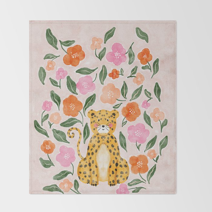 Adorable Floral Cheetah: Charming Watercolor Illustration Throw Blanket Gallery Image 2