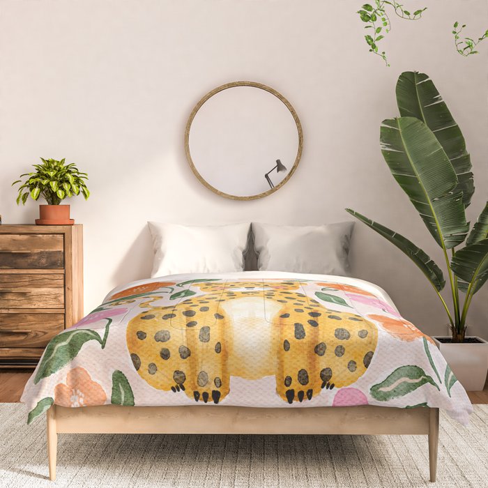 Adorable Floral Cheetah: Charming Watercolor Illustration Comforter Gallery Image 3