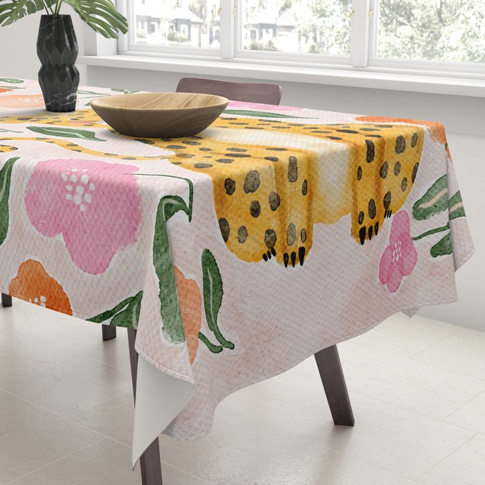 Adorable Floral Cheetah: Charming Watercolor Illustration Tablecloth Gallery Image 3