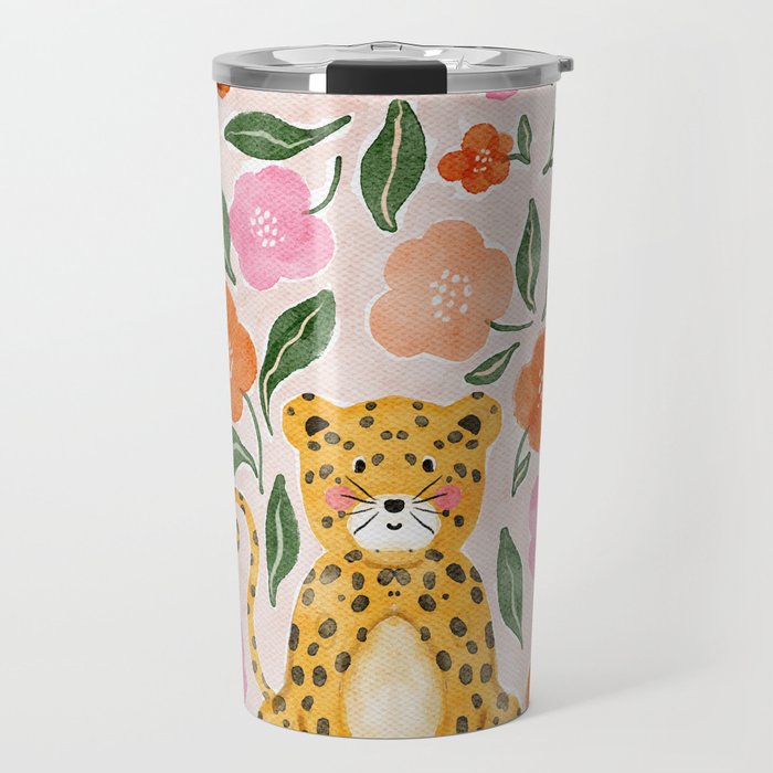 Adorable Floral Cheetah: Charming Watercolor Illustration Travel Mug Gallery Image 1